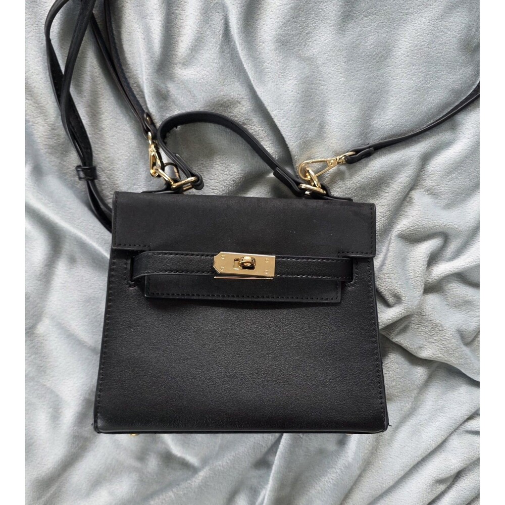 Black Structured Box Crossbody Bag Gold Turn Lock Top Handle Shoulder Purse